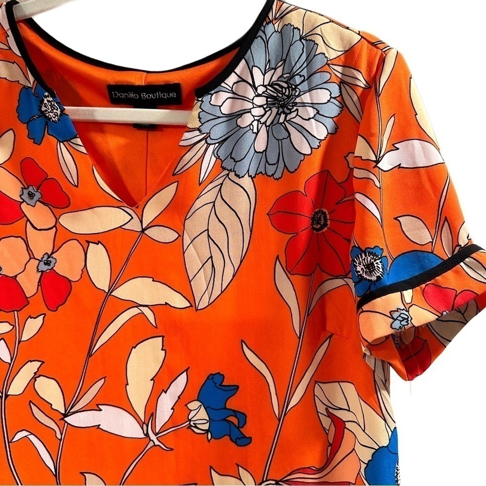 Daniello Boutique Shift Knee Length Floral Vibrant Dress Orange 12 Large VGUC - Picture 6 of 16
